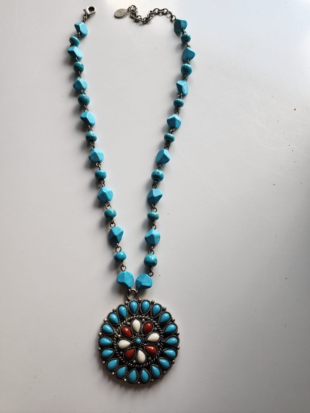 Robert Rose Turquoise Faceted Beaded Pendant Necklace Silver Tone Lobster Signed